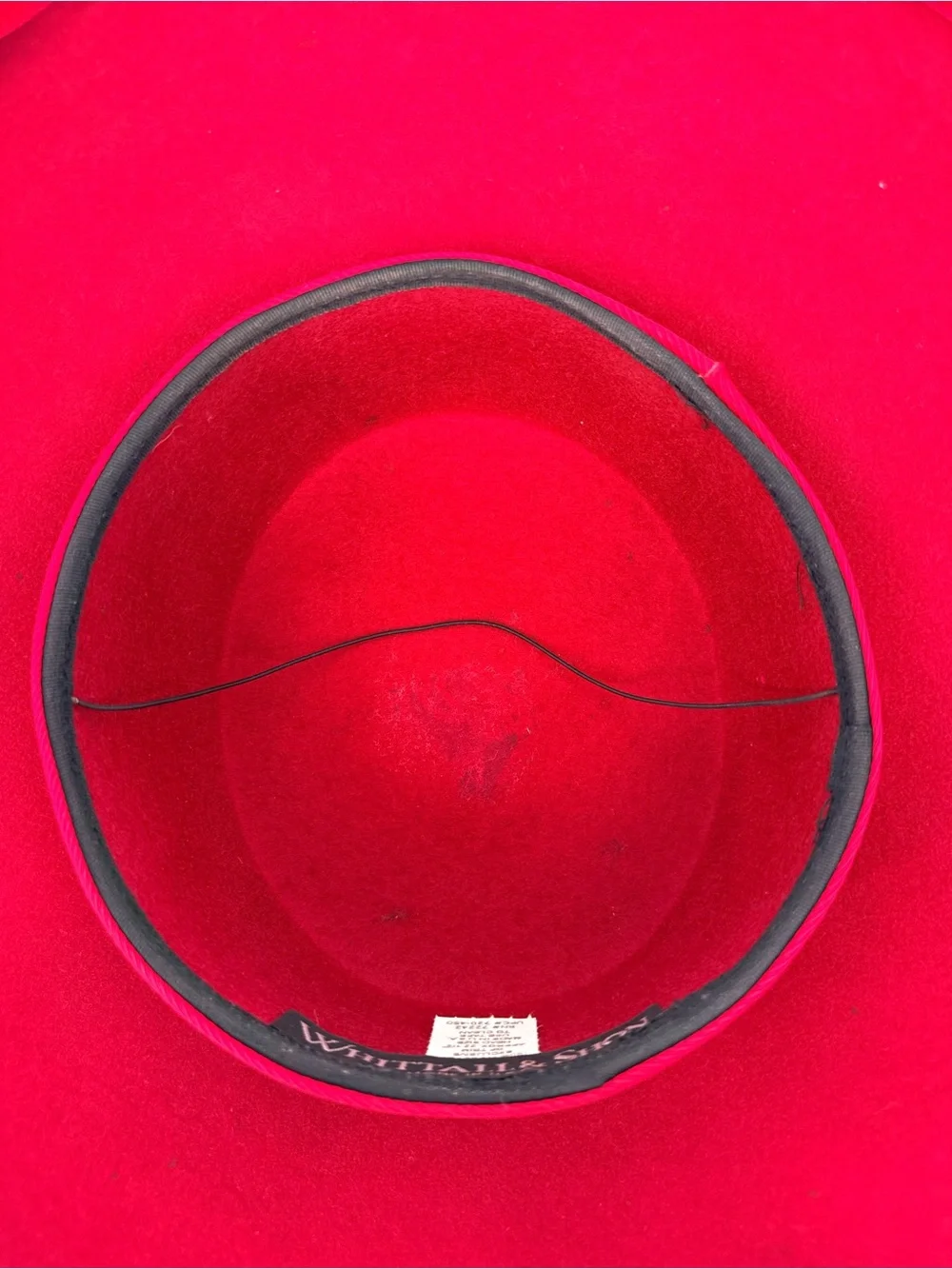 Whittall & Shon Vintage Red Wool Velvet Wide Brim Hat Rhinestone Bow Pillbox